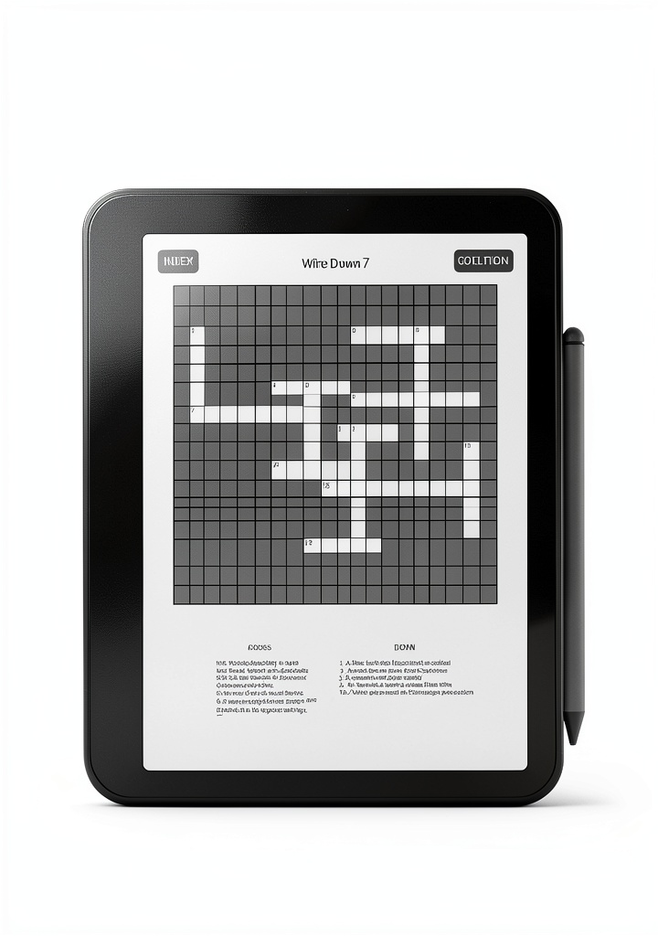 Adult solving Write On Crosswords Volume 5 on a Kindle during a train commute